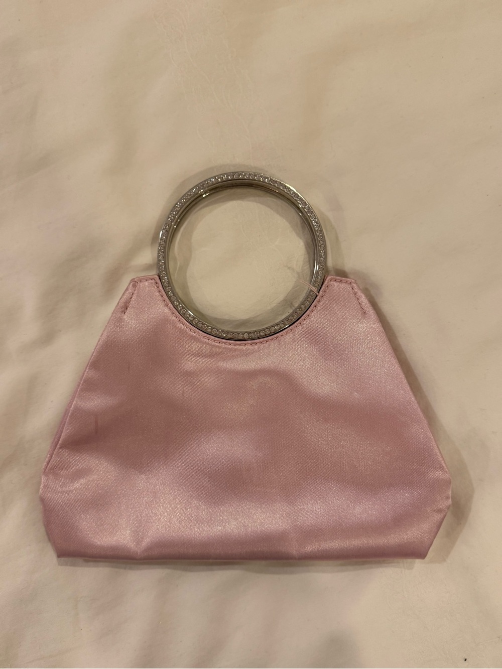 Women's Pink Satin Handbag with Silver Ring Handle